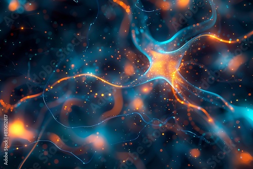 an intricate network of neurons with a multi-colored bioluminescent glow, pulsating synaptic activity within a dark void