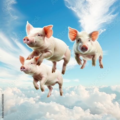 flying pigs in the sky isolated on white background 