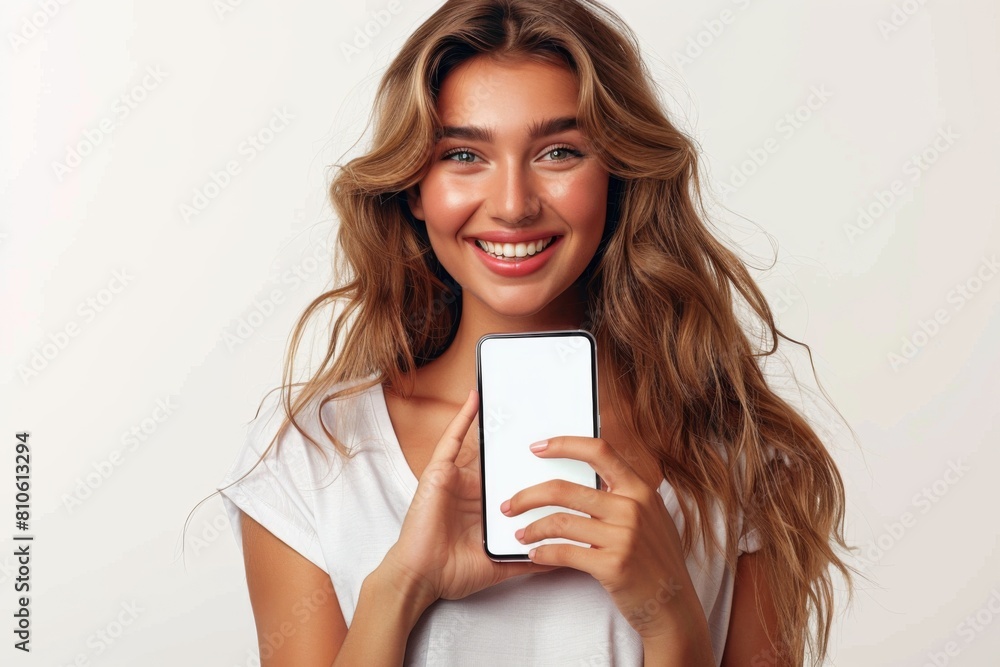 Woman Showcasing Smartphone Mockup created with Generative AI Woman Showcasing Smartphone Mockup created with Generative AI