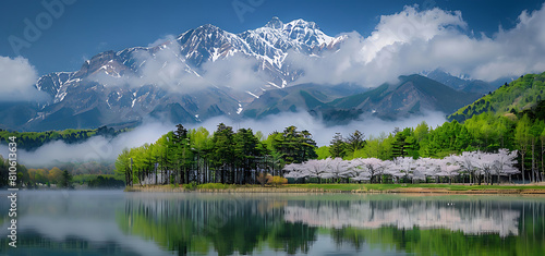 The cherry blossoms are in full bloom among the mountains.High quality photo photo