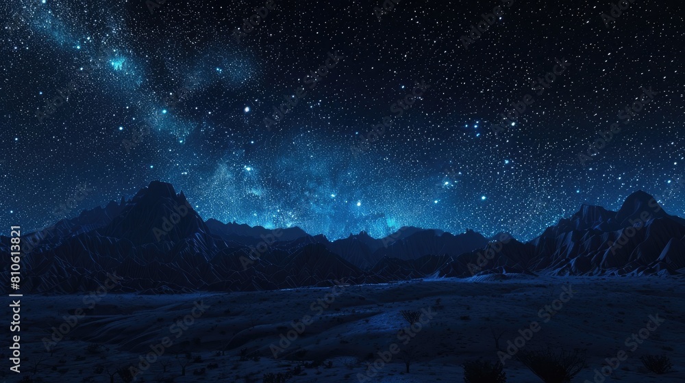 A dramatic, night shot of a starry sky over a dark, desert landscape.