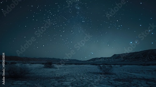 A dramatic  night shot of a starry sky over a dark  desert landscape.