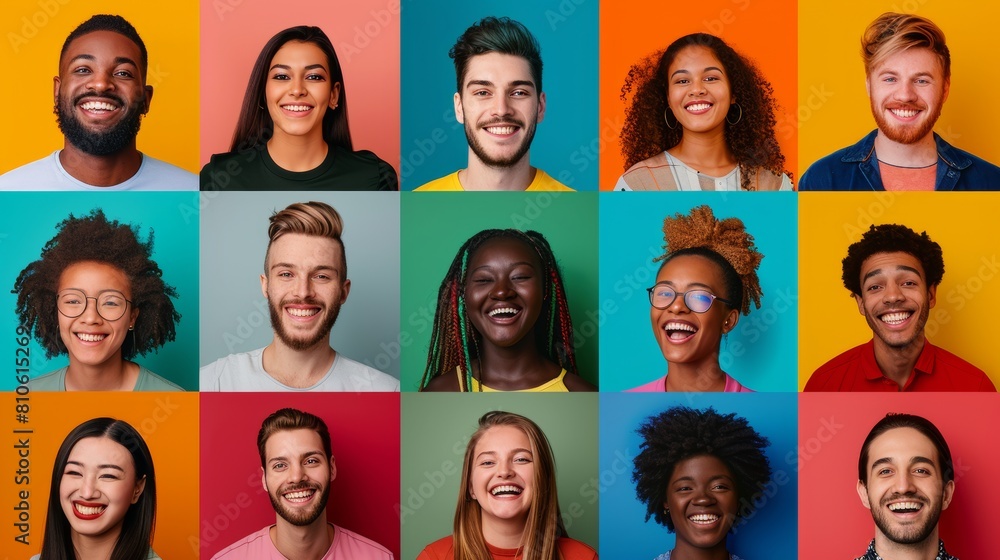 Collage of People Head Shots Over Bright Colorful Backgrounds Collage of People Head Shots Over Bright Colorful Backgrounds
