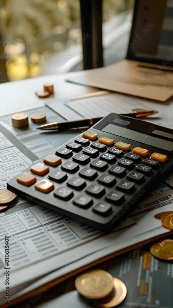 A calculator sits on a table with a pile of coins and a stack of papers. The calculator is black and has a silver pen on top of it. Vertical video A calculator sits on a table with a pile of coins and a stack of papers. The calculator is black and has a silver pen on top of it. Vertical video
