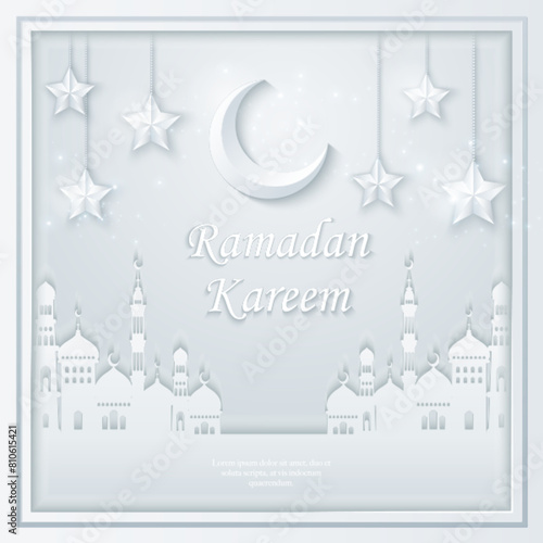 Paper art of crescent moon star and islamic Mosque building. suitable for Ramadan, Raya Hari, Eid al Adha Islamic holiday