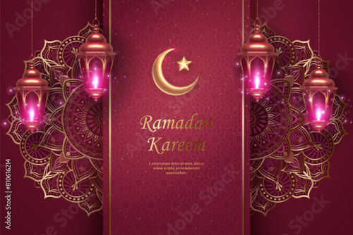 Islamic lantern and decoration pattern with elegant purple pink background. suitable for Ramadan, Raya Hari, Eid al Adha Islamic holiday
