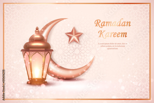 3D golden pink Islamic lantern and crescent moon star. suitable for Ramadan, Raya Hari, Eid al Adha Islamic holiday