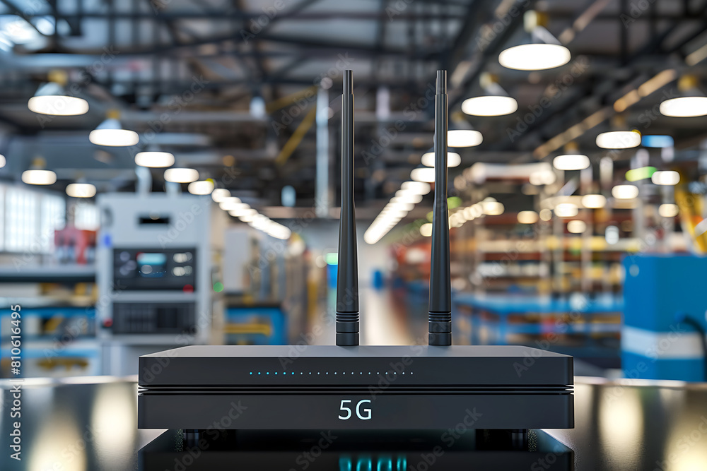 5G router with sleek design and prominent antenna array, placed prominently on a glossy surface. 5G router with sleek design and prominent antenna array, placed prominently on a glossy surface.