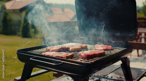 Summertime Backyard Barbecue with Juicy Steaks Grilling on a Charcoal Grill