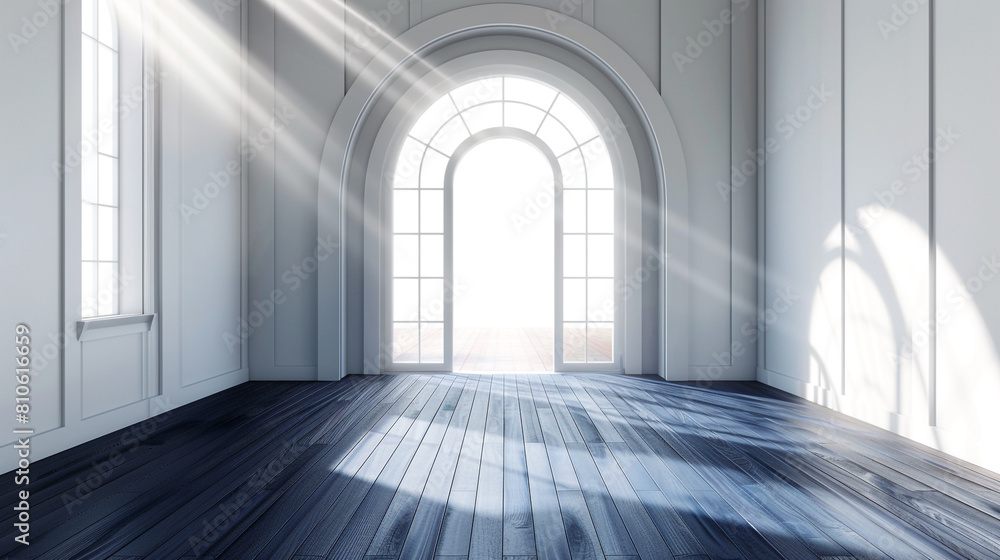 Navy floored living room with an arch entrance and panoramic window sunlight. Navy floored living room with an arch entrance and panoramic window sunlight.