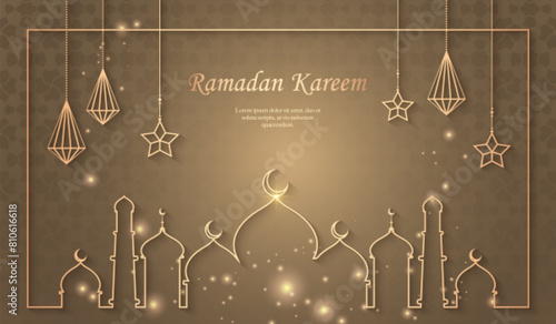 Shimmering golden frame line art of Islamic lantern star and Mosque building. suitable for Ramadan, Raya Hari, Eid al Adha Islamic holiday