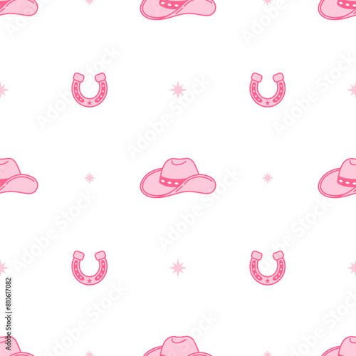 Pink core horseshoe and Cowboy hat. Cowboy western and wild west theme seamless pattern. Vector illustration, white background. Cartoon style. Wild west texture