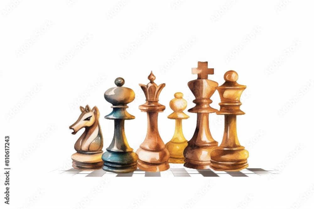 Watercolor images of chess characters arranged in front of a white background for design work. Watercolor images of chess characters arranged in front of a white background for design work.