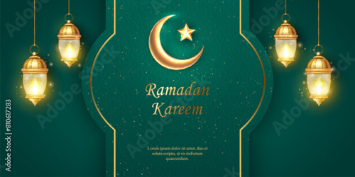 3D Islamic lantern and crescent moon star with elegant green background. suitable for Ramadan, Raya Hari, Eid al Adha Islamic holiday
