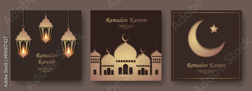 Islamic paper art background collection, lantern Mosque building and crescent star. suitable for Ramadan, Raya Hari, Eid al Adha Islamic holiday