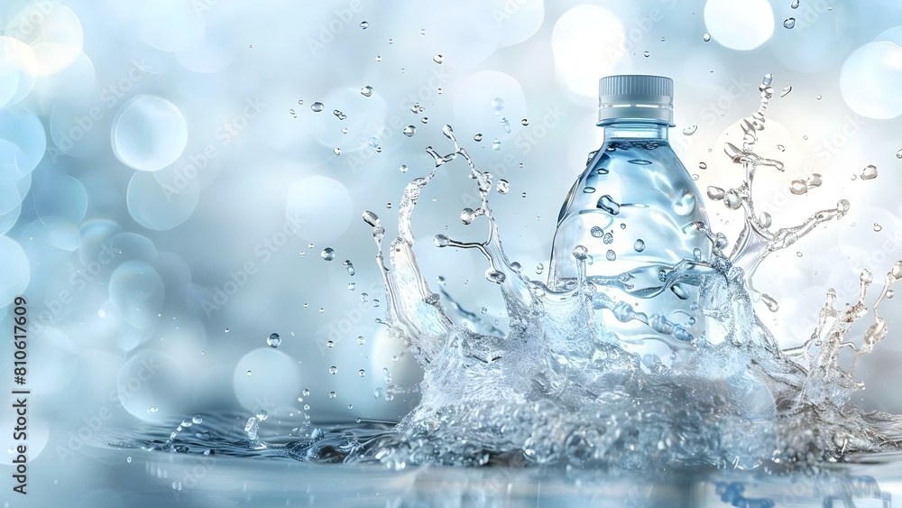 Mineral water bottle midair splashing drops against blue bokeh background. Concept High-speed Photography, Splash Effects, Product Photography, Bokeh Backgrounds Mineral water bottle midair splashing drops against blue bokeh background. Concept High-speed Photography, Splash Effects, Product Photography, Bokeh Backgrounds
