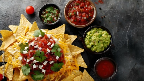 Mexican food background with salsa cheese guacamole nachos and traditional cuisine. Concept Mexican Cuisine, Traditional Dishes, Salsa, Cheese, Guacamole, Nachos, Food Background photo