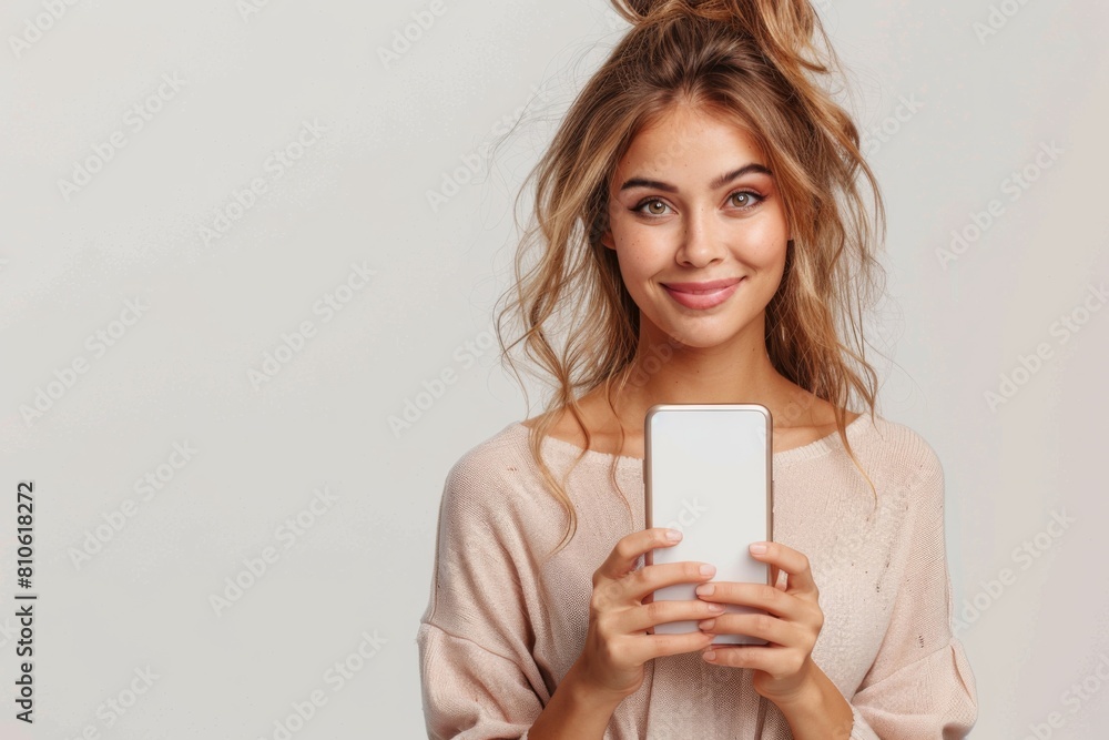 Woman Showcasing Smartphone Mockup created with Generative AI Woman Showcasing Smartphone Mockup created with Generative AI