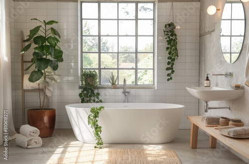 A bright bathroom with white tiles on the walls  concrete floor and light wood furniture