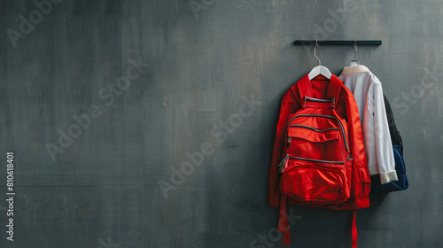 Stylish school uniform and backpack hanging on grey wa photo