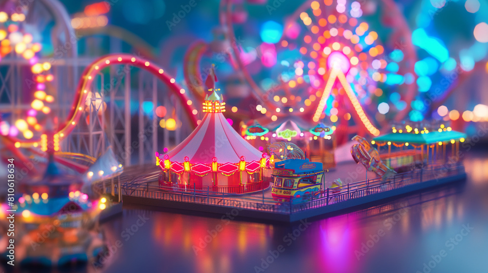 Obraz premium A whimsical carnival with fluorescent rides and attractions, vibrant, hd, with copy space
