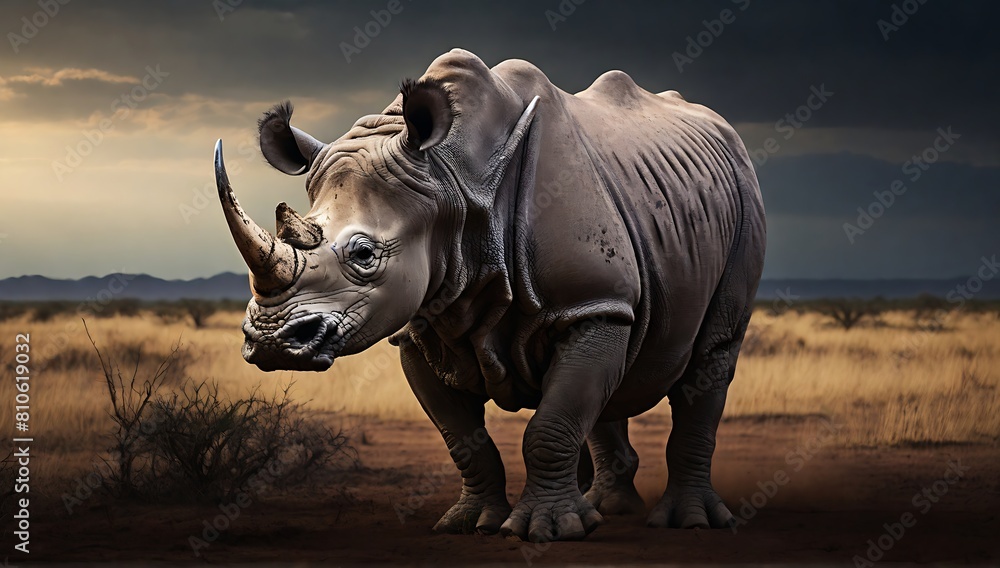 Fototapeta premium very dashing rhino in the savanna, close up rhino, rhino portrait, made with AI generative