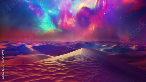 A surreal desert landscape with fluorescent sand dunes and mirages, vibrant, hd, with copy space photo