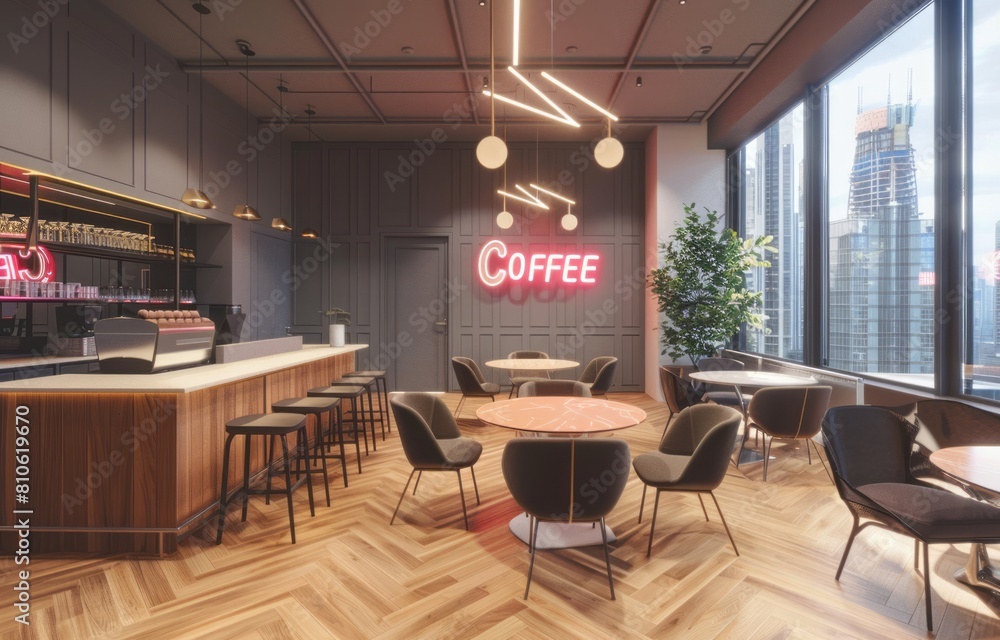 A coffee bar in an office with light wood herringbone flooring, large windows overlooking the city, and modern chairs around circular tables