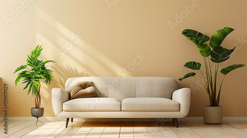 Stylish sofa and houseplant near beige wall © Gefer