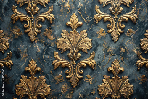 Beautiful vintage patterned wallpaper with golden baroque ornament on dark blue background. Created with Ai