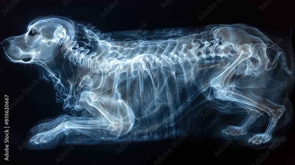 Veterinary x-ray of a dog showing the skeletal structure, used by veterinarians to diagnose and treat injuries or diseases in pets. Veterinary x-ray of a dog showing the skeletal structure, used by veterinarians to diagnose and treat injuries or diseases in pets.