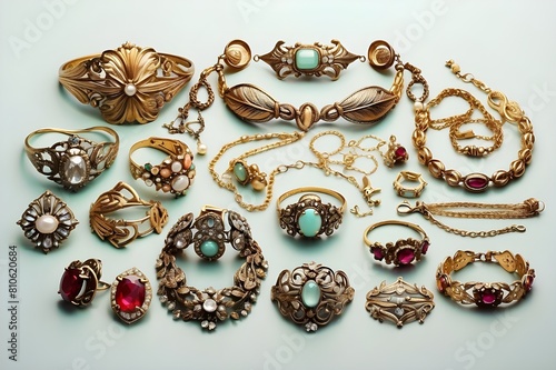 Vintage antique jewelry collection isolated on a light background 