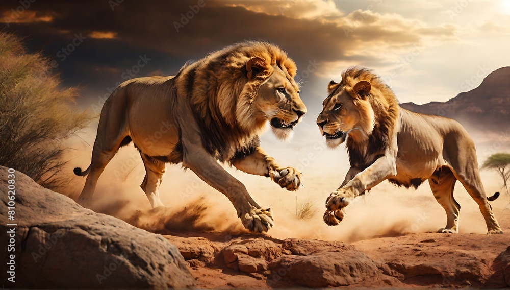 Very dashing lion in the savanna, close up lion, lion portrait, made with AI generative Very dashing lion in the savanna, close up lion, lion portrait, made with AI generative