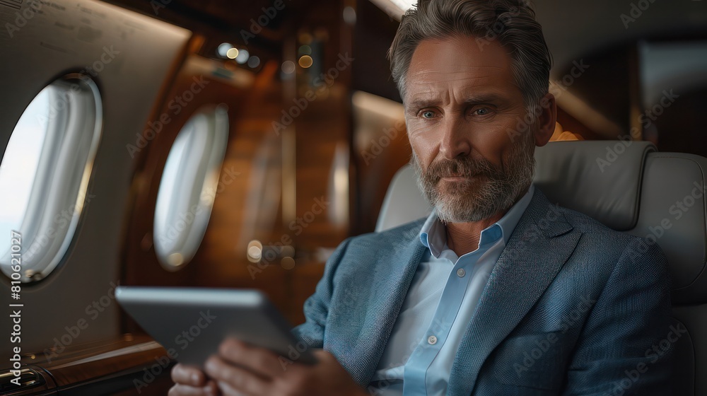 Mature businessman at a private jet terminal, reviewing documents on a tablet, representing a lifestyle of mobility and high-level negotiations. Mature businessman at a private jet terminal, reviewing documents on a tablet, representing a lifestyle of mobility and high-level negotiations.