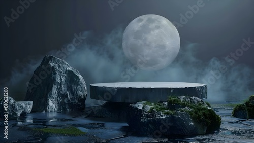 Abstract 3D stone podium with dark blue water moss and moon. Concept Abstract Art, 3D Design, Stone Podium, Blue Water, Moss, Moon photo