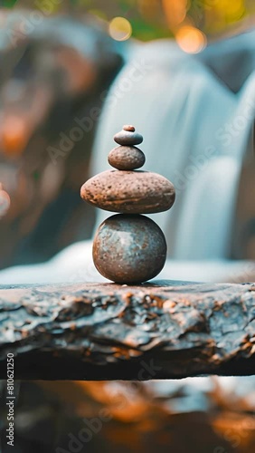 Wallpaper Mural A stack of rocks on a ledge next to a waterfall. The rocks are arranged in a pyramid shape, with the largest one at bottom and the smallest one at the top. Balance and harmony concept. Vertical video Torontodigital.ca