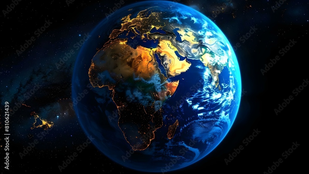 Naklejka premium Nighttime view of Earth from space with illuminated cities and human activity. Concept Space Exploration, Earth's Night View, City Lights, Human Activity, Illuminated Cities