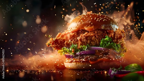 Crispy fried chicken burger with flying spices ready to eat. Concept Food Photography, Fried Chicken, Burger, Spices, Appetizing Presentation
