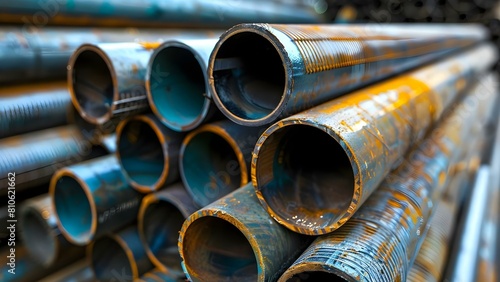 Steel pipes stacked in various sizes for construction projects. Concept Construction Materials, Steel Pipes, Pipe Stacking, Industrial Supplies, Building Projects