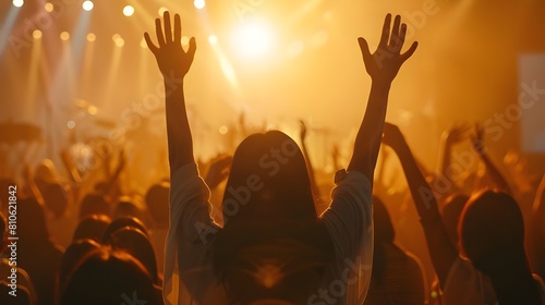 Worship Girl, Worship God concept: Silhouette christian people hand rising over blurred cross on spiritual light background #810621842