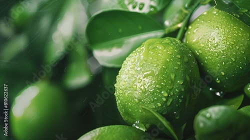 A bunch of green limes sit on a tree branch, covered in water droplets