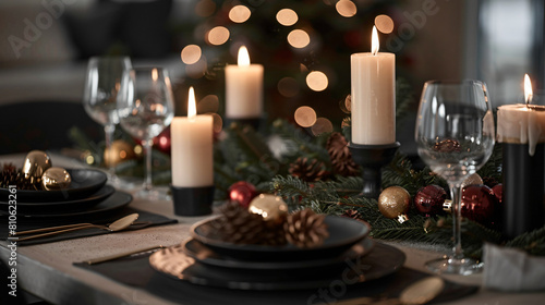 Stylish table setting with burning candles and Christm photo