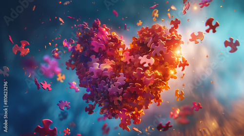 Colorful 3D rendering of a heart made of puzzle pieces. © VRAYVENUS
