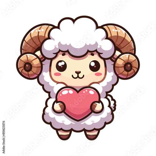 cute ram sheep cartoon character holding love heart vector