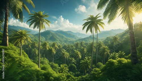 trees on the beach tropical forest with towering palm trees  the lush green foliage that envelops the landscape.