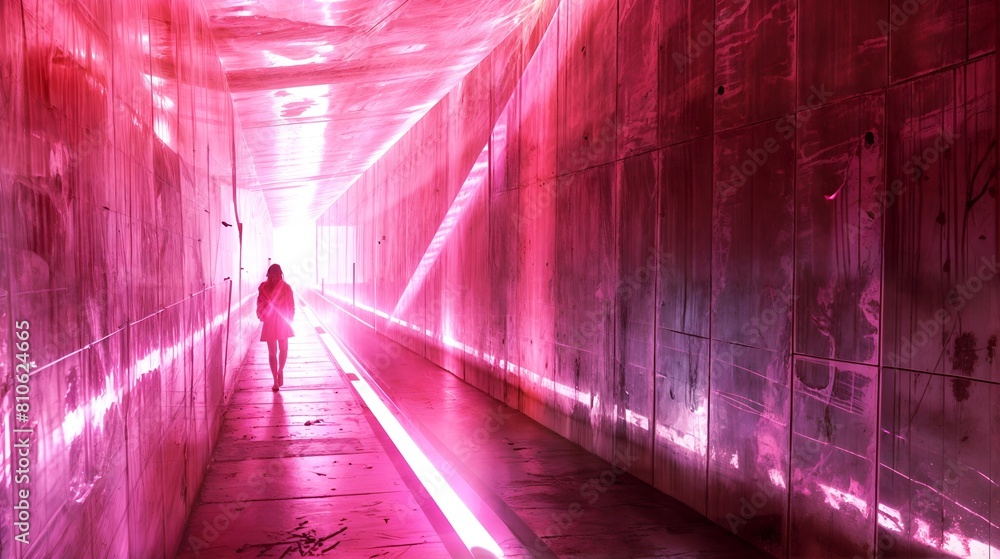 A figure stands in a concrete tunnel with a pink hue A figure stands in a concrete tunnel with a pink hue