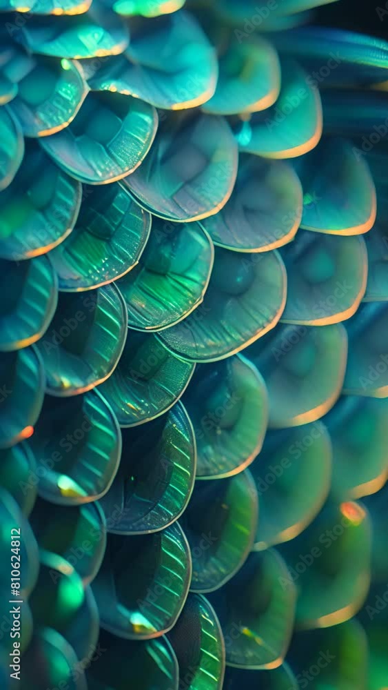 Close-up of iridescent fish scales with a shimmering blue and green hue, creating a mesmerizing aquatic texture. Vertical video Close-up of iridescent fish scales with a shimmering blue and green hue, creating a mesmerizing aquatic texture. Vertical video