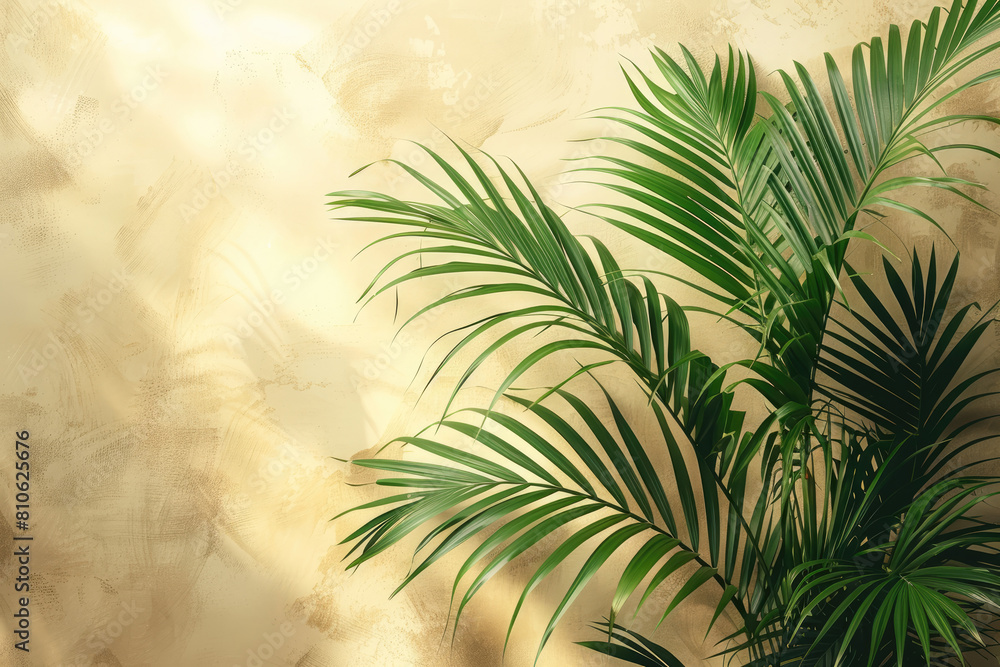 A lush, vibrant green palm plant against an abstract beige background. Created with Ai
