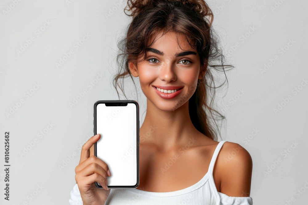 Woman Showcasing Smartphone Mockup created with Generative AI Woman Showcasing Smartphone Mockup created with Generative AI