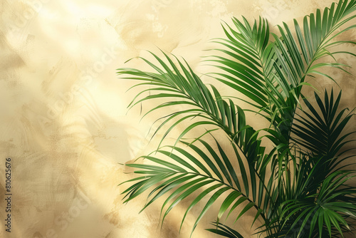 A lush  vibrant green palm plant against an abstract beige background. Created with Ai